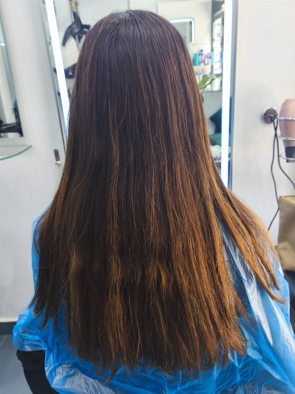 Antes de las mechas: melena castaño oscuro sin reflejos, vista de espaldas en el salón