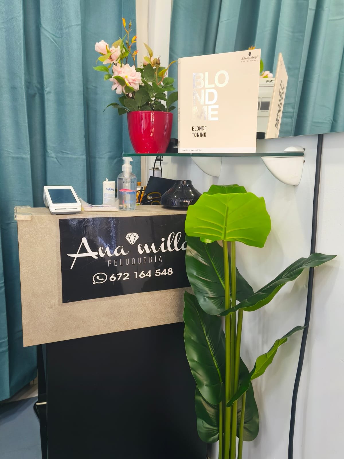 Recepción del salón con el cartel de Ana Milla Peluquería y flores