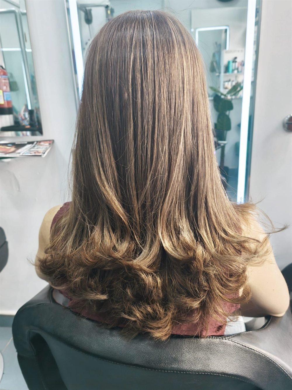 Mechas rubias sobre melena con capas largas, vista de espaldas