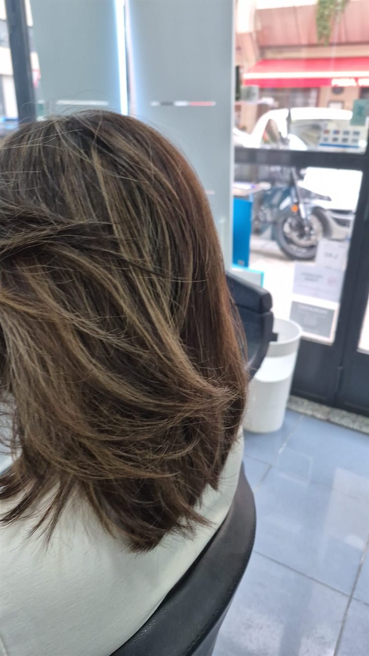 Media melena castaña con capas y reflejos rubios tras un matiz, peinada con movimiento